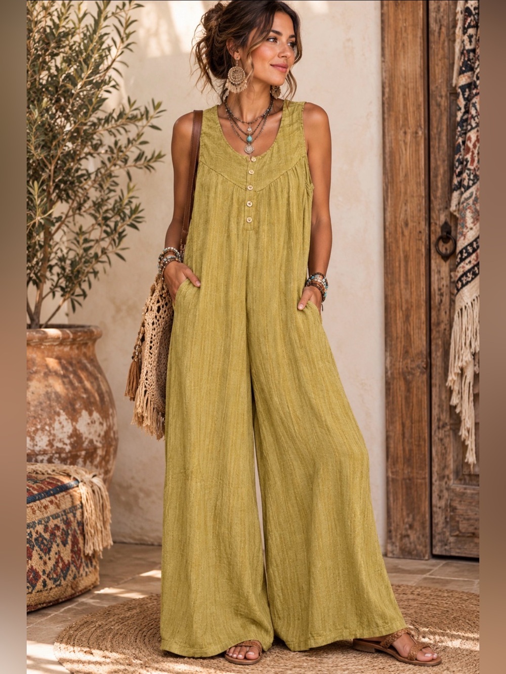 Umgee Olive-Mustard Wide Leg Sleeveless Jumpsuit